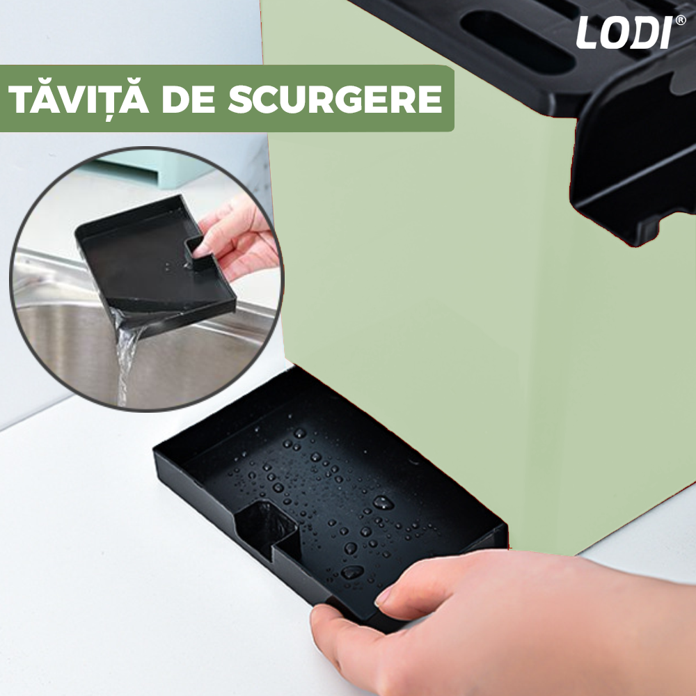 Organizator Multifunctional pentru Bucatarie Lodi683, 6 Compartimente, raft condimente, suport detasabil telefon, tavita de scurgere, suport tacamuri/ustensile, verde deschis