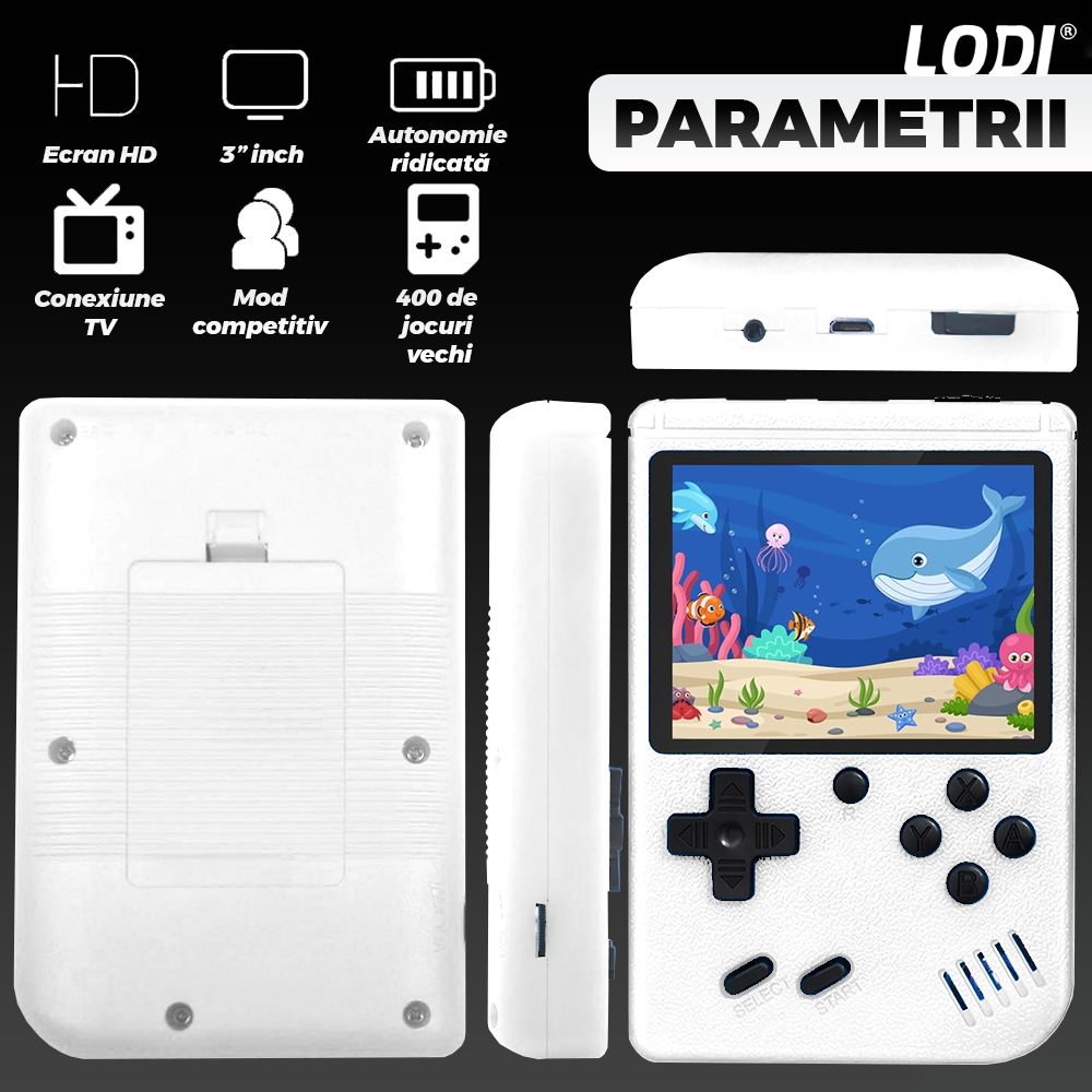 Mini Consola Jocuri Retro Game Box Lodi1503, SR-90, 400 in 1, maneta 2nd player inclusa, rotita volum, portabila, cablu AV, incarcare USB-MINI, autonomie ridicata, 11x8 cm, alb