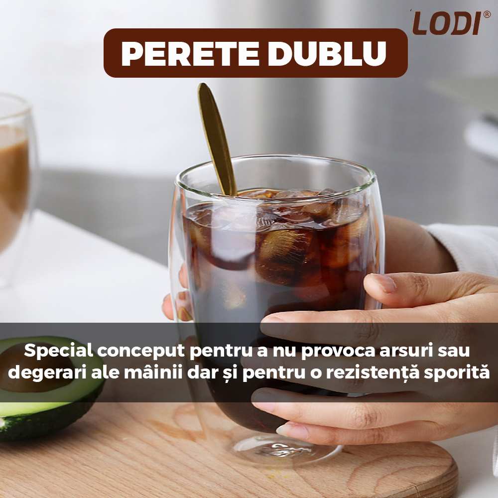 Set 6 Pahare din Sticla cu Perete Dublu Lodi1000, termorezistente, design modern, capacitate 250 ml, 9 x 8 cm