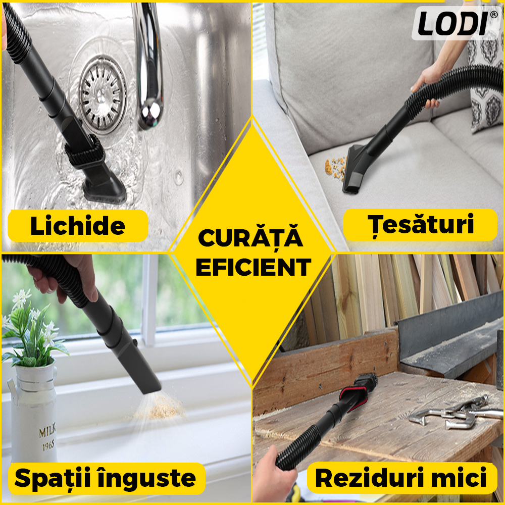 Aspirator Auto Portabil Lodi359, capacitate 3 litri, 120 W, alimentare bricheta auto 12 V, aspirare umed si uscat, 4 accesorii incluse, galben