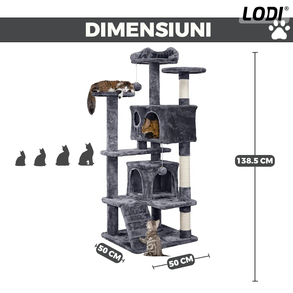 Ansamblu de Joaca pentru Pisici Lodi629, tip turn, 3 platforme de observatie, 6 niveluri, 2 casute, scara, franghie si mingiuta de joaca, stalpi pentru zgariat, captuseala extra moale, structura stabila, 138.5 cm, gri inchis
