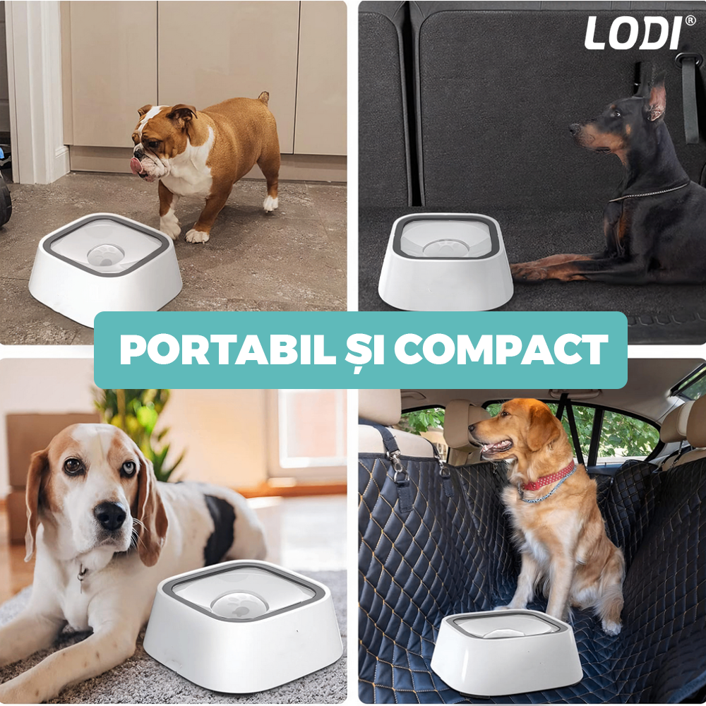 Bol Apa Anti-stropire Lodi1504, pentru caini si pisici, rama flotanta, sistem anti-alunecare, adapator, piese detasabile, capacitate 1.5 l, alb/gri