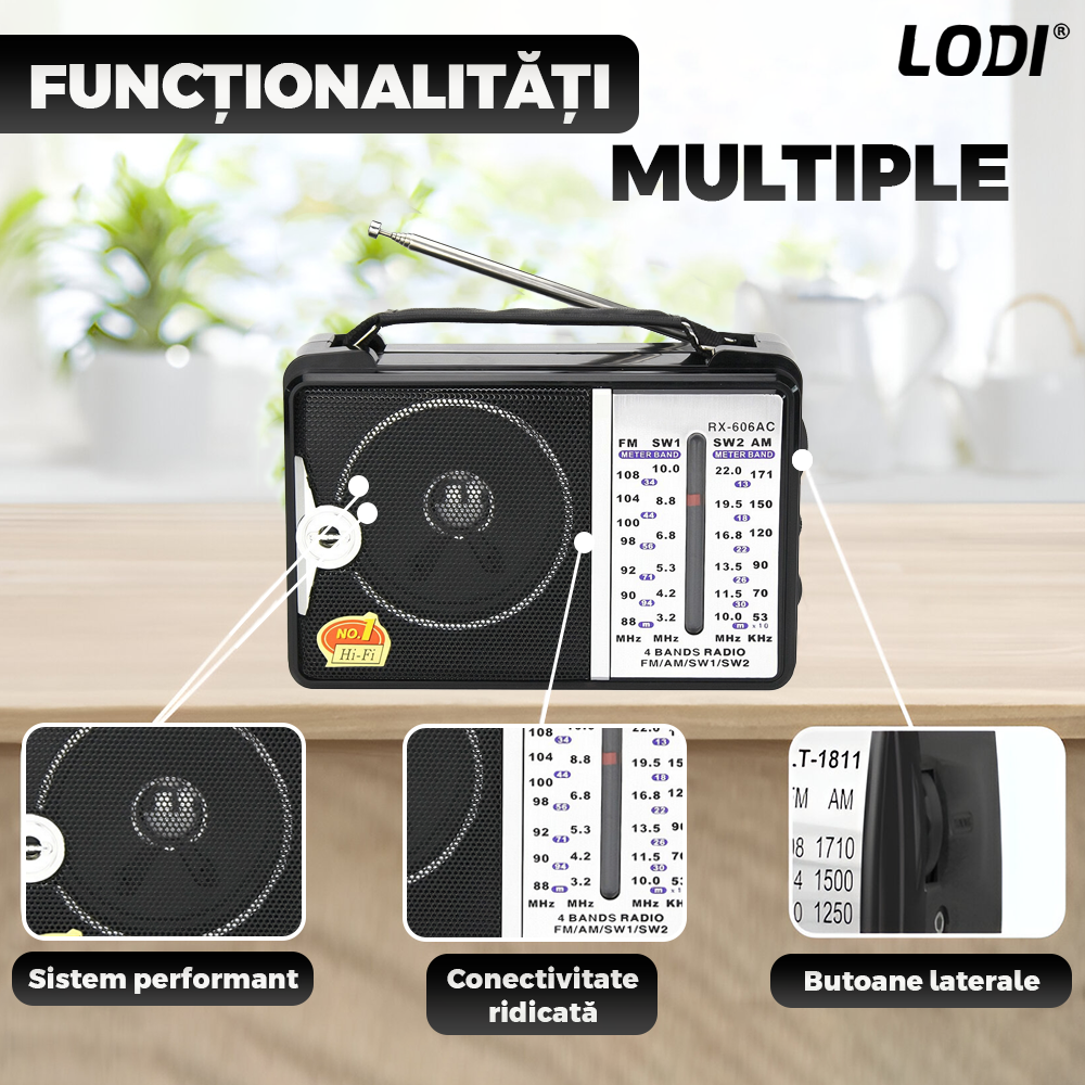 Radio Portabil Lodi1418, FM/AM/SW1/SW2, mod dual de alimentare, baterii/la priza, receptie ridicata ce prinde posturi regionale/la sate, negru