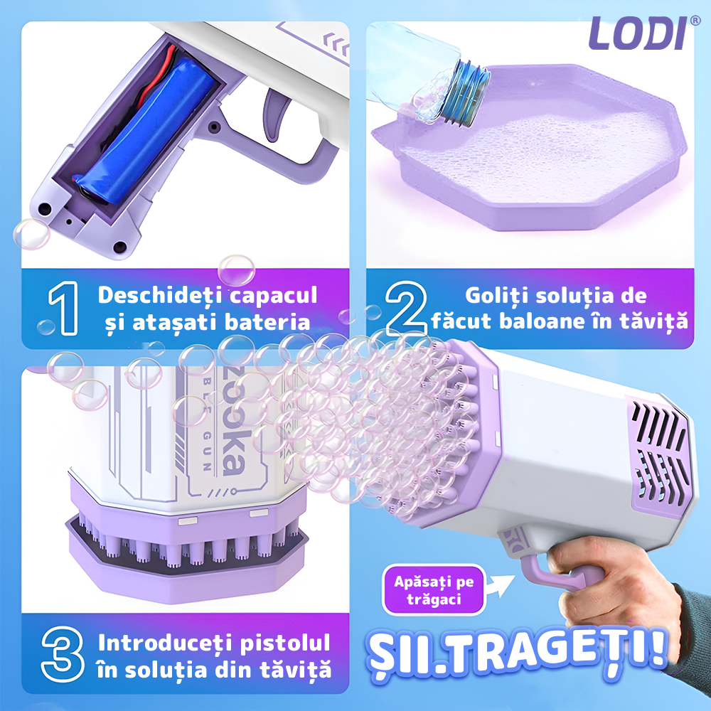 Pistol de Facut Baloane Bubble Gun Lodi1215, tip Bazooka, automat, 34 orificii pentru bule, alimentare cu baterii, mov/alb