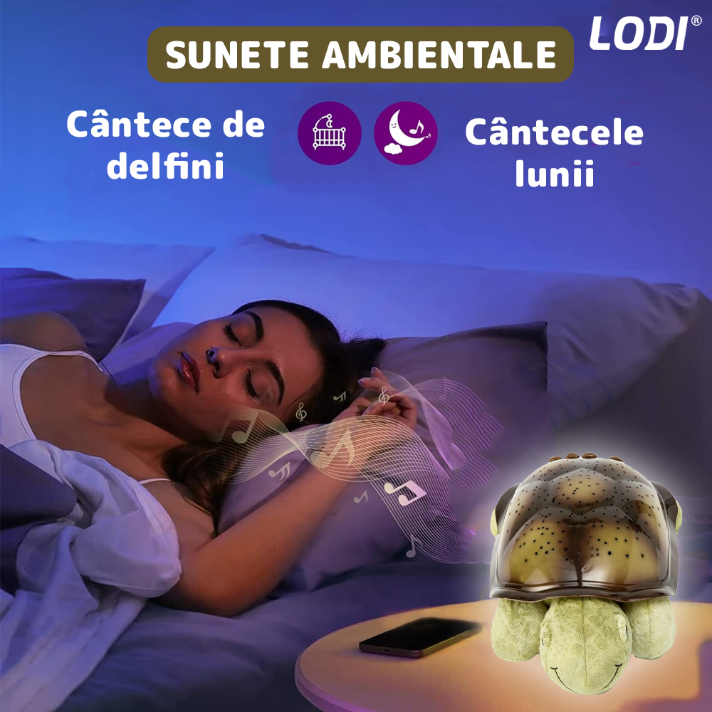 Lampa de Veghe Testoasa Lodi1415, proiector de lumini, 8 constelatii, lumina RBG, 2 cantece de adormit copiii, pufoasa si moale, mod inchidere automata, verde/maro