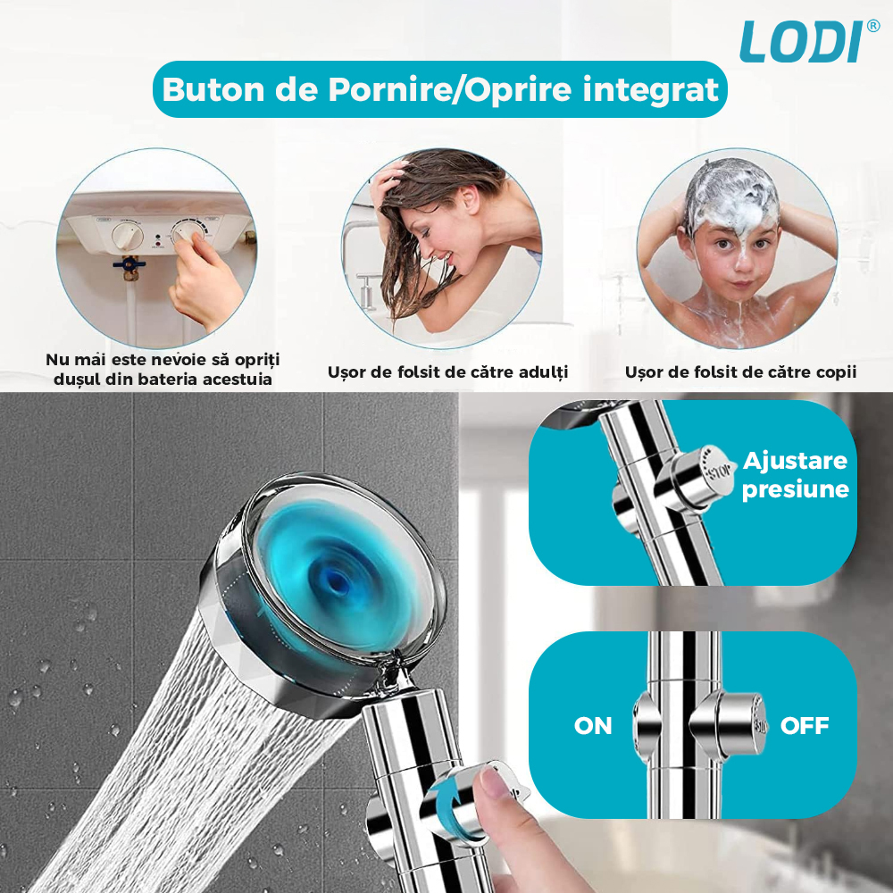 Para de Dus Turbo Lodi196, 2 filtre extra, buton On/Off, presiune ajustabila, filtrare apa, jet uniform, cap Rotativ 360°, albastru