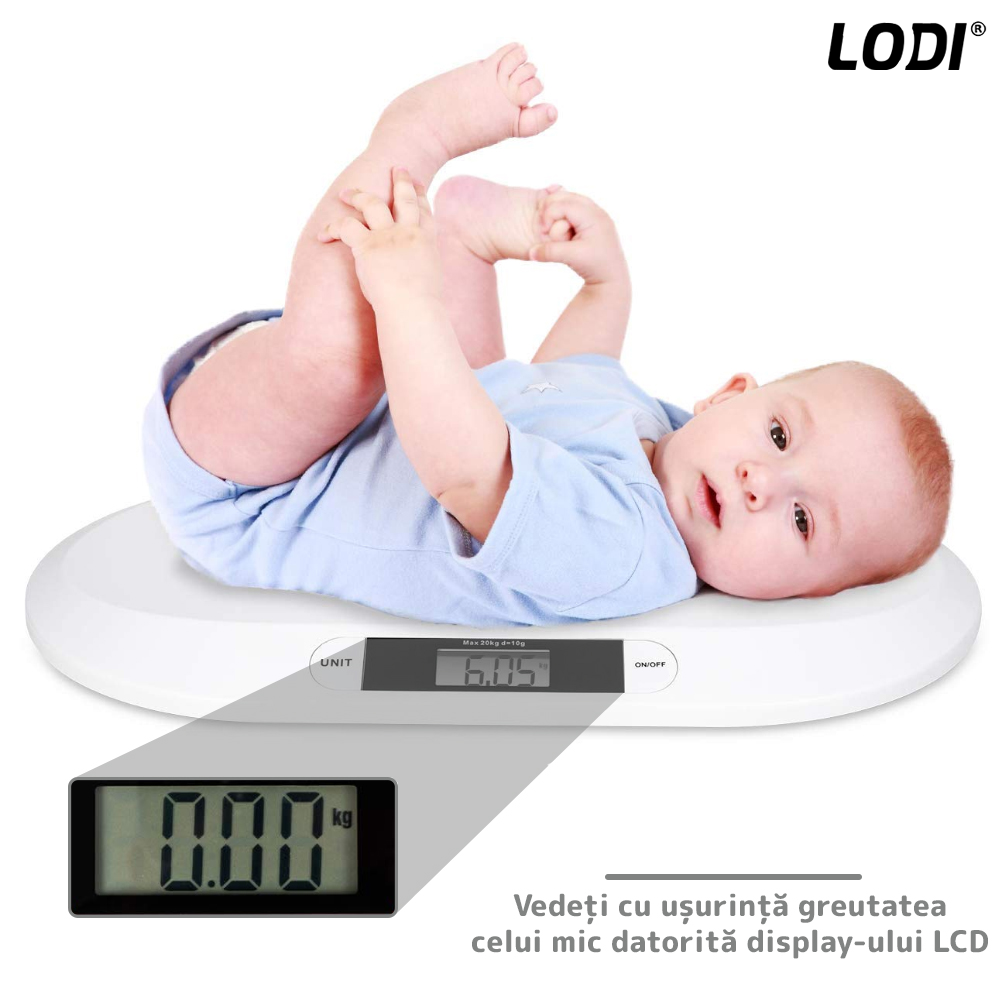 Cantar Electronic cu Display LCD Lodi1, precizie la nivel de gram, greutate max 20KG, design ergonomic, ultra slim, alb