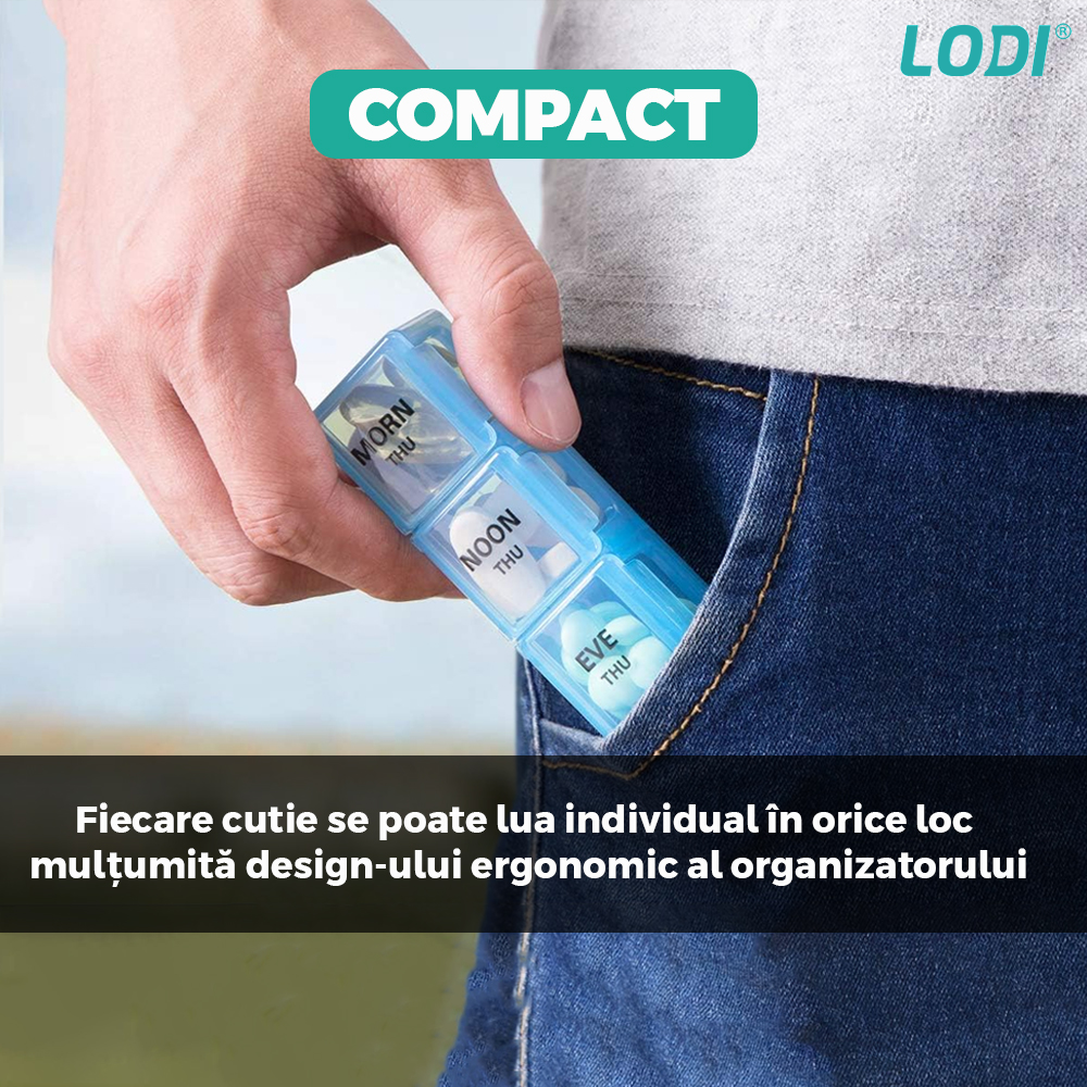 Gentuta Organizatoare de Medicamente Lodi416, pastile si vitamine, 7 zile, recipiente detasabile cu 4 compartimente, compacta, 19.5 x 13.5 x 3.5 cm, multicolor