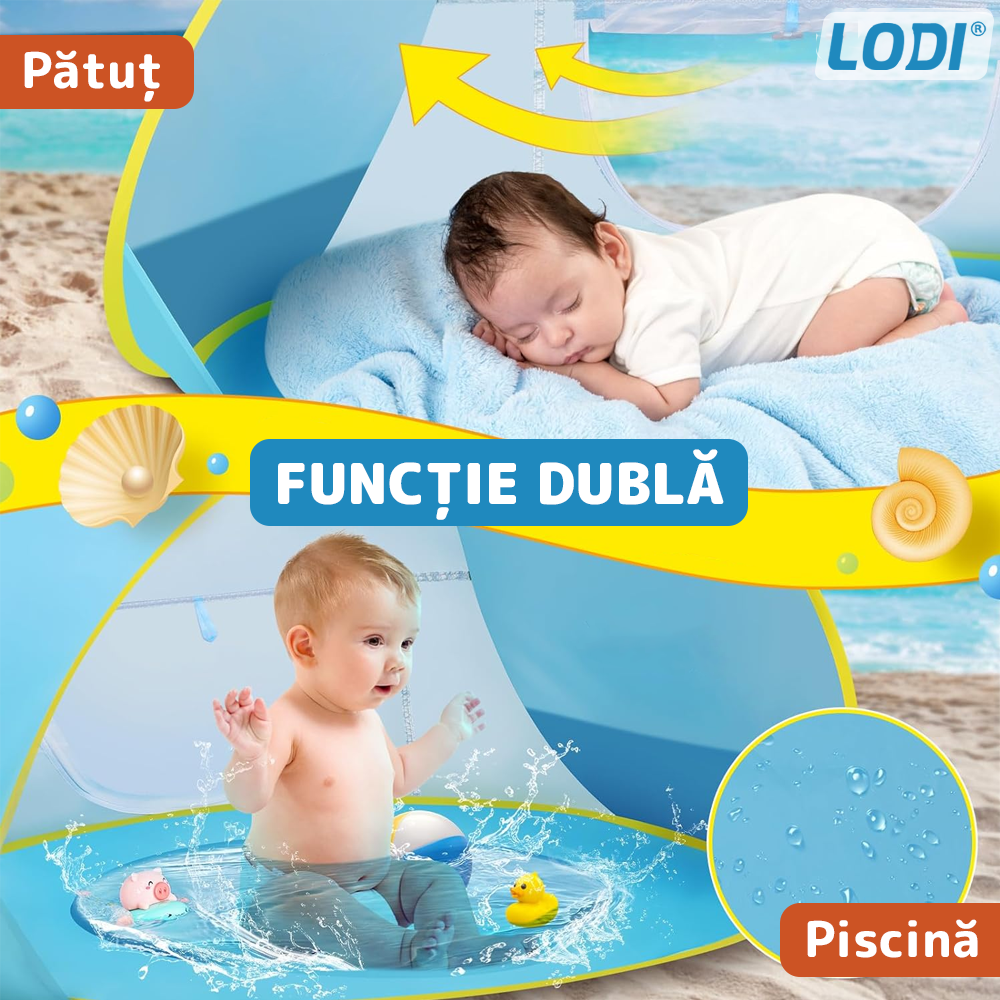 Cort Portabil de Vara pentru Bebelusi Lodi1097, adapost impermeabil pentru plaja, cu piscina, protectie UV si UPF 50+, multifunctional, 117x79x70 cm, albastru deschis