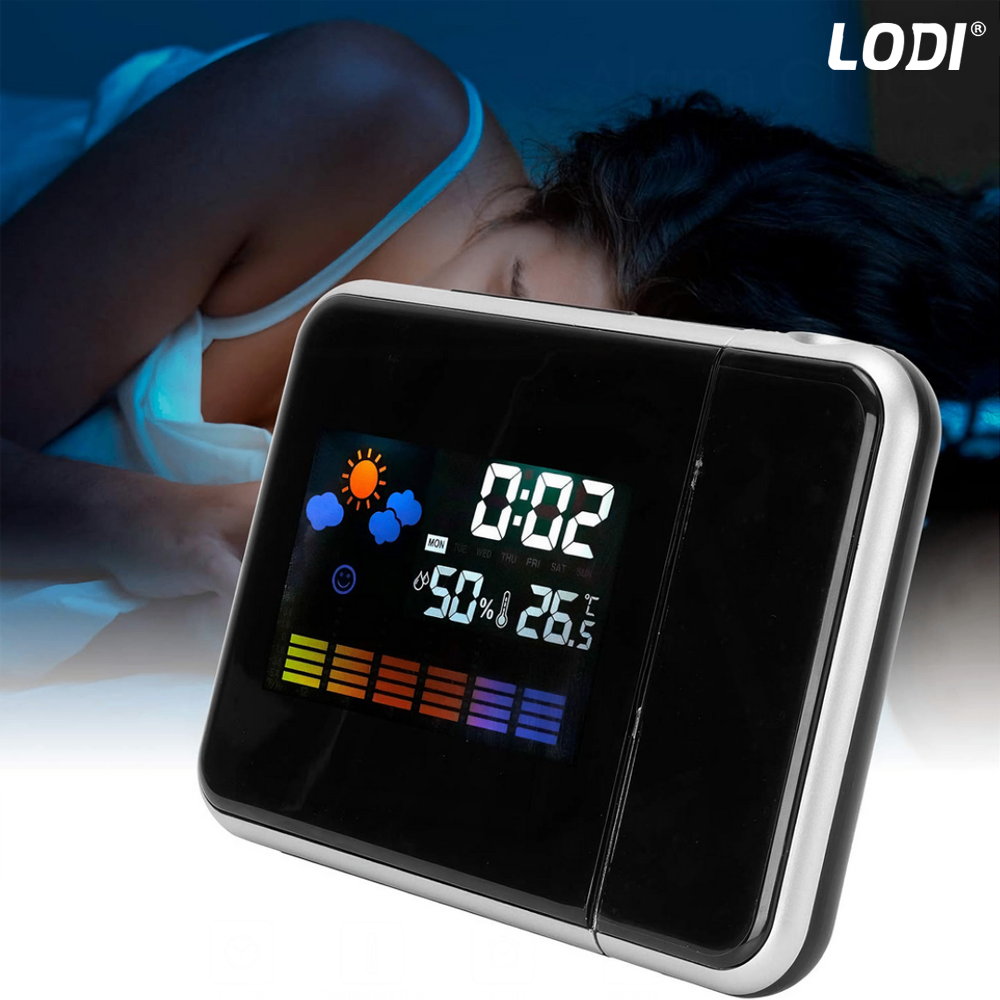 Ceas cu Proiector Multifunctional Lodi1499, statie meteo, higrometru, wireless, afisaj digital, proiector rotativ la 180°, predictie vreme 12 ore, 15 x 11 x 2.5 cm, negru