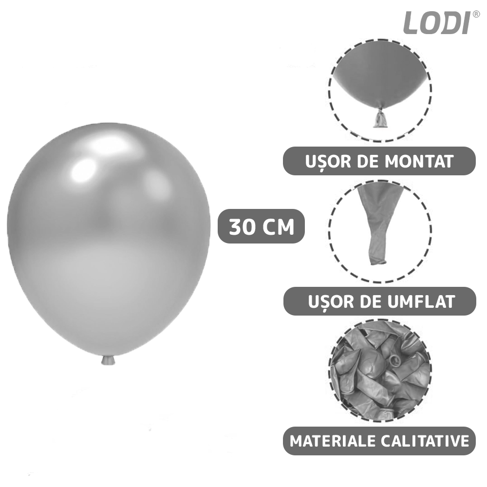 Set 10 Baloane Lodi770, Confeti, pentru Petreceri/Aniversari/Evenimente, o singura dimensiune, 2 culori, latex, argintiu