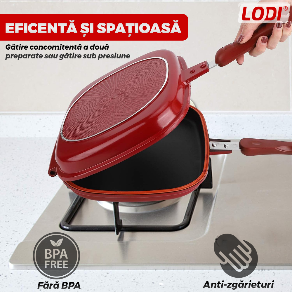 Tigaie Dubla cu Presiune Lodi1216, doua fete, pliabila, pluristratificata, invelis din ceramica, pentru griil sau gatit clasic, rosu/negru