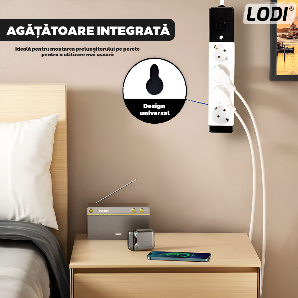 Prelungitor Lodi1280, 3 prize, intrerupator, suport de agatare incorporat, rezistent la temperaturi inalte, universal, lungime 3 metri, negru/alb