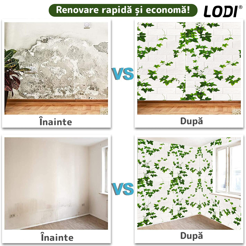 Set 10x Tapet Caramida 3D Lodi1090, model Iedera, suprafata acoperire 4.9 mp, autoadeziv, waterproof, usor de montat, design modern, 70x70 cm, alb