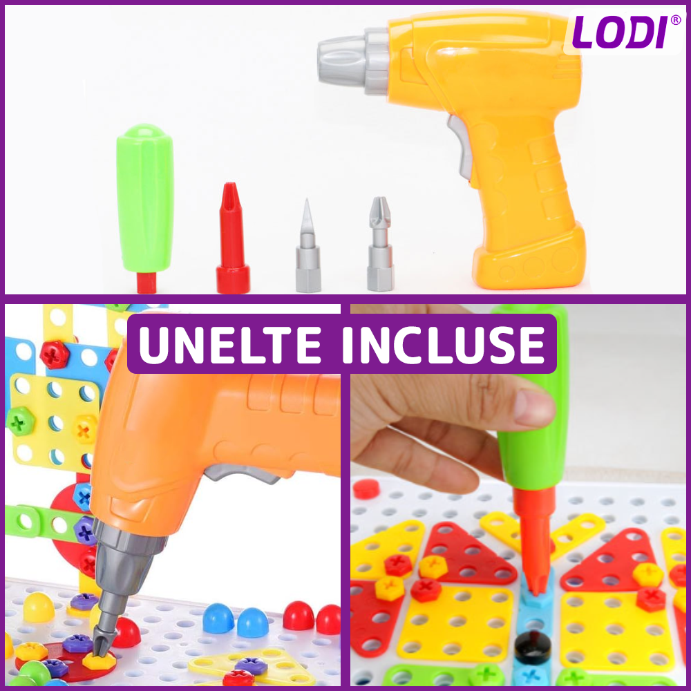 Jucarie Educativa si Interactiva 4in1 Lodi512, 198 piese, bormasina pentru inginerie, pentru fete si baieti, manual inclus, puzzle 3D/2D, dezvoltare STEM, montessori, multicolor
