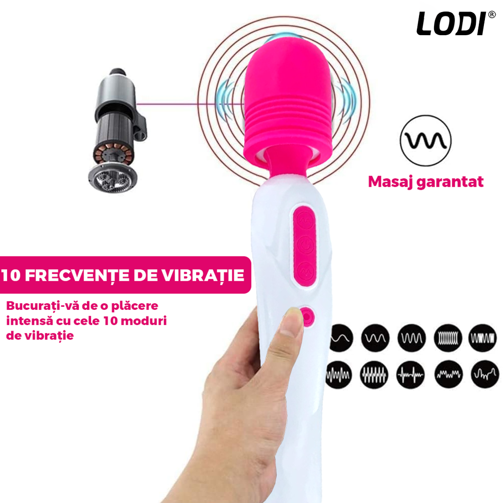 Aparat de Masaj Lodi1096, 10 Frecvente de Vibratii, waterproof, alimentare USB, portabil, elimina durerile musculare, roz/alb