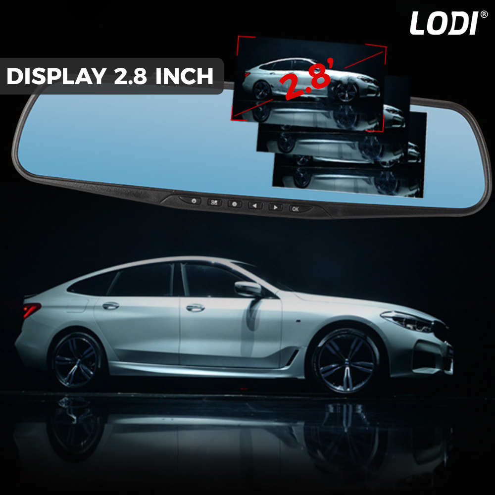 Oglinda Auto Retrovizoare cu Camera Duala Lodi493, video Full HD 1080P, senzor G, 32GB, Night Vision, Display 2.8 inch, linii ghidaj parcare, negru