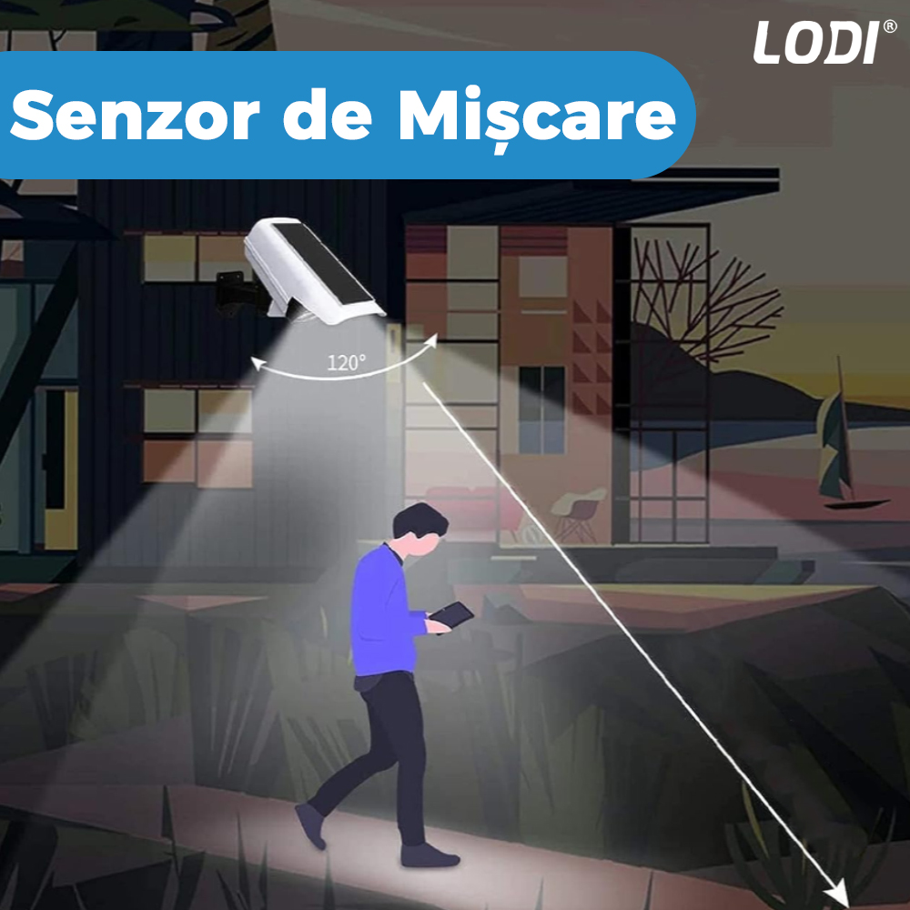 Lampa Solara 77 LED-uri Lodi264, tip camera, senzor de miscare, 3 moduri de iluminare, protectie IP65, Waterproof, exterior, telecomanda, alb