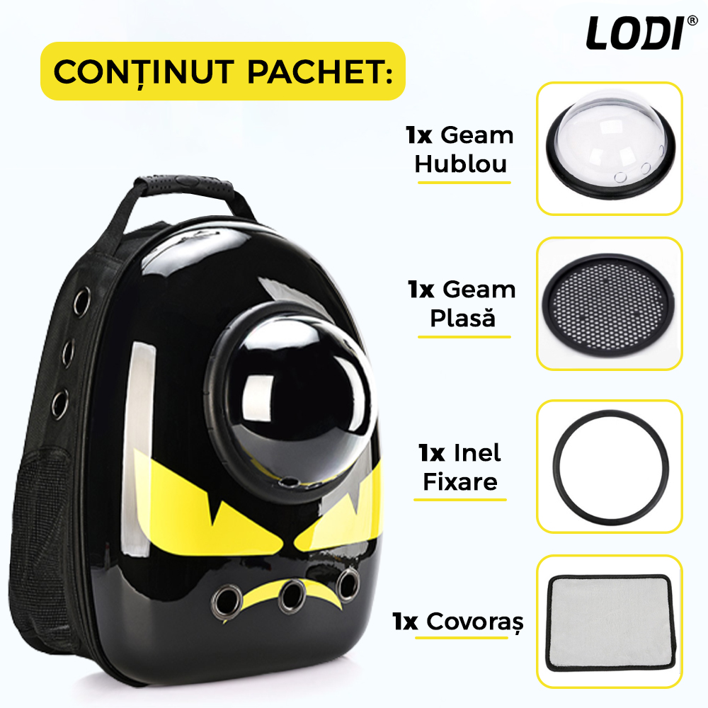 Rucsac Transport Animale Lodi24, greutate Max 7kg, hublou transparent, buzunar lateral, accesorii incluse, pentru talie mica, model Monstrulet, negru