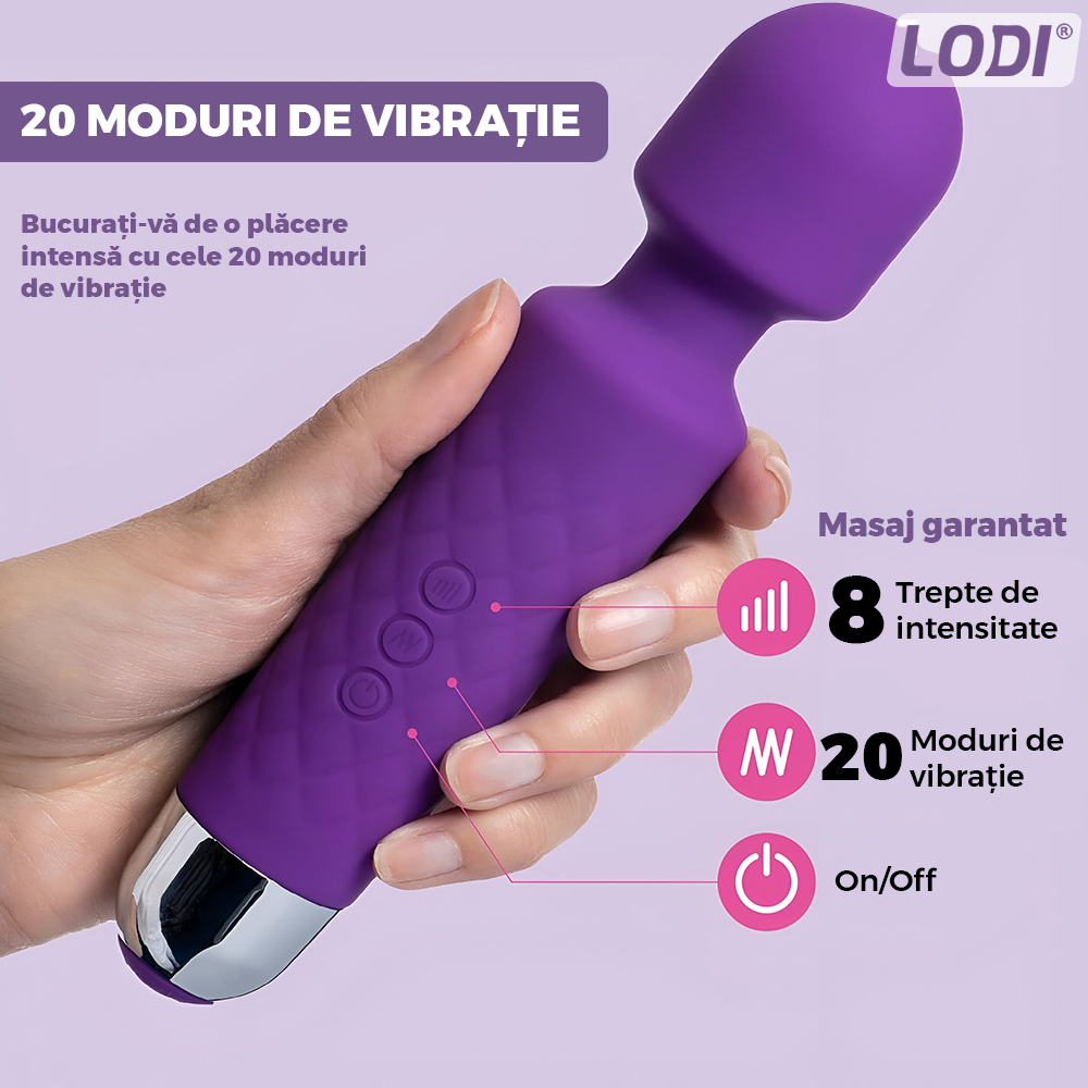 Vibrator Lodi1169, 20 Moduri de Vibratii, waterproof, alimentare USB, portabil, elimina durerile musculare, mov