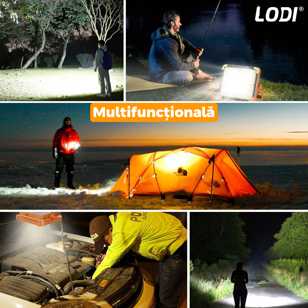 Lampa Solara 144 LED-uri Lodi268, 4 moduri de iluminare, protectie IP66, lumini de urgenta, power bank, portabila, Waterproof, exterior, portocaliu