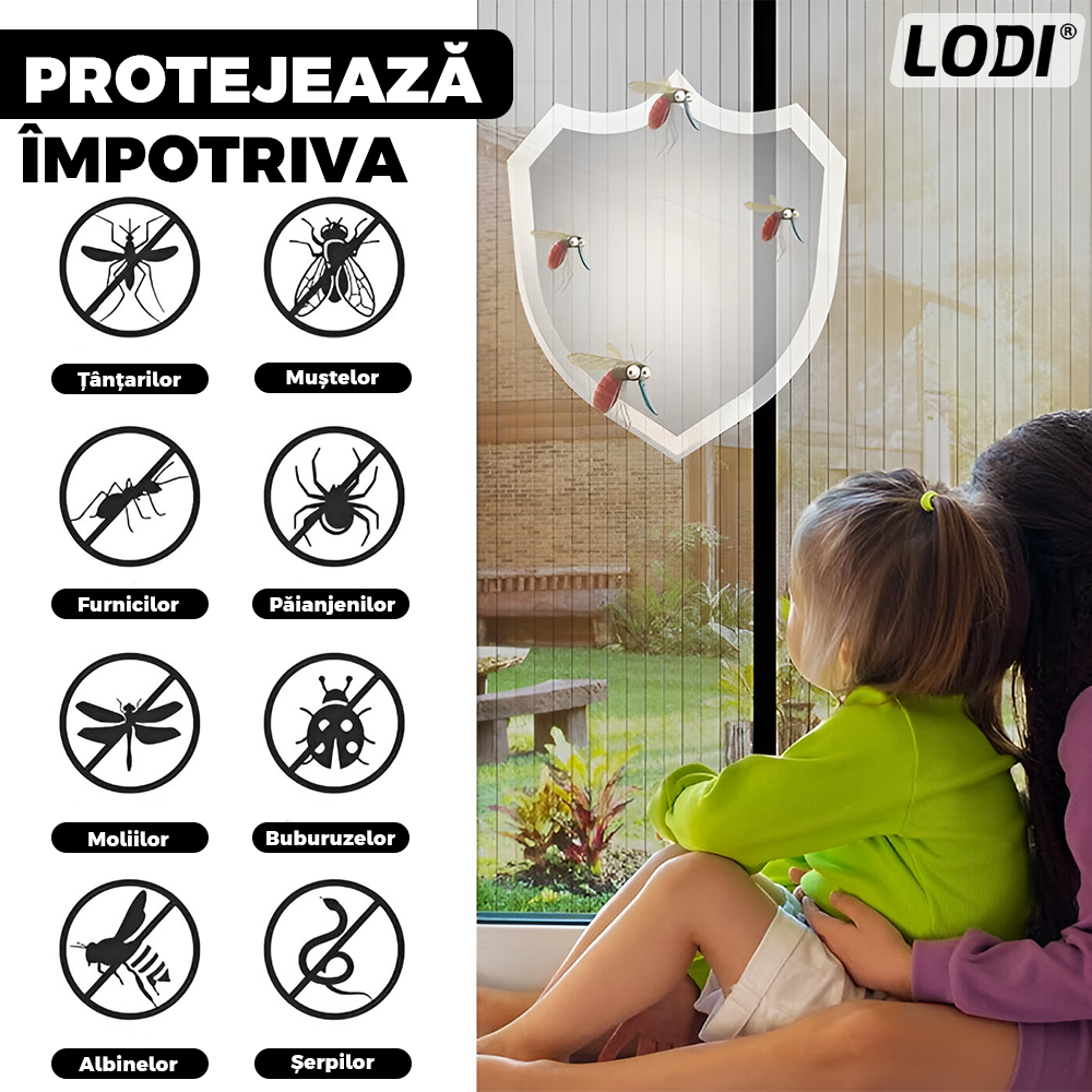 Plasa pentru Usa cu Inchidere Magnetica Lodi1163, anti-insecte, tanrari, muste, paianjeni, montare velcro, materiale calitative, rezistenta, 185x104 cm, negru