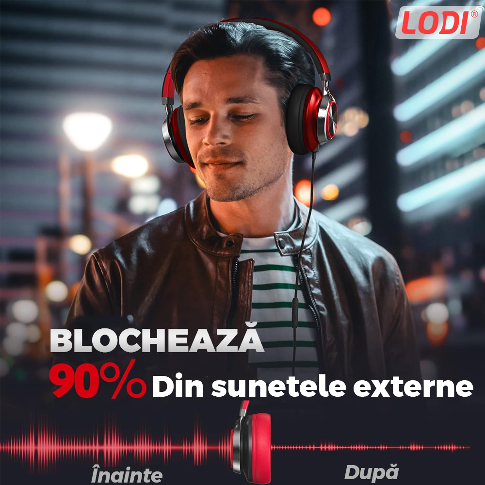 Casti Wireless Lodi962, overear, bluetooth 4.2, extra bass, blocare sunete externe, slot card TF, functii multiple, rosu