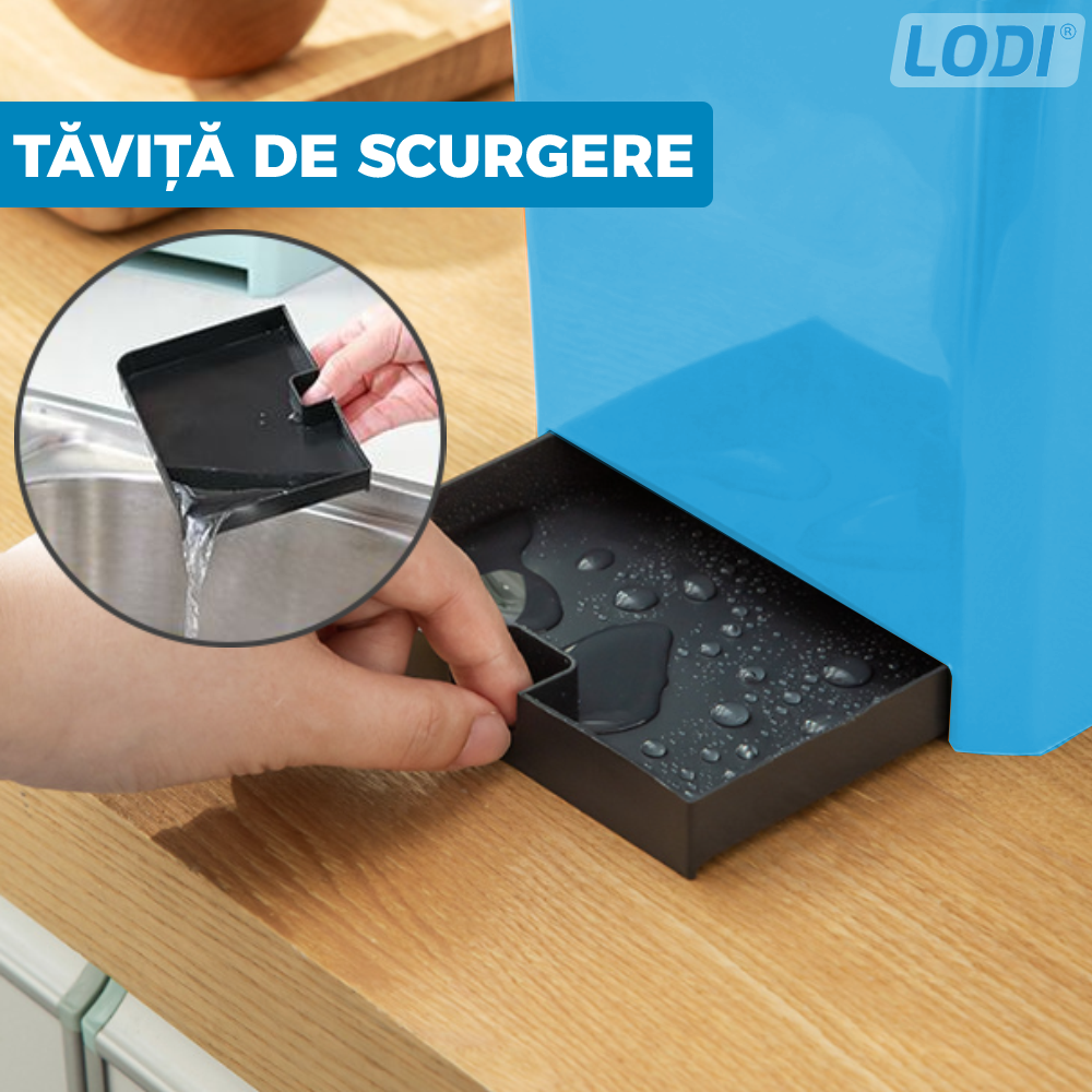 Organizator Multifunctional pentru Bucatarie Lodi602, 6 Compartimente, raft condimente, suport detasabil telefon, tavita de scurgere, suport tacamuri/ustensile, albastru