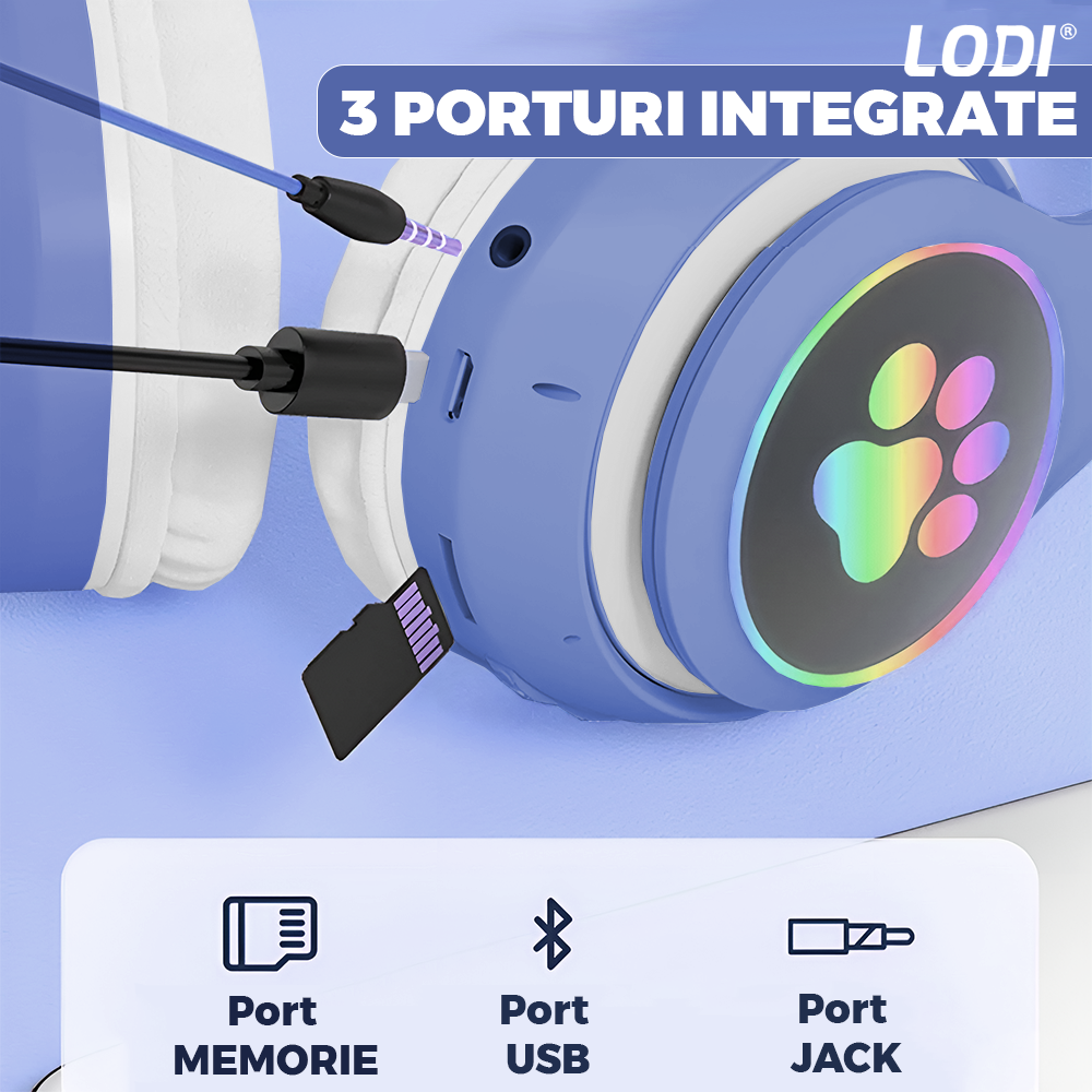Casti Wireless Model Pisica Lodi946, STN-28, overear, urechi de pisica cu iluminare RGB, bluetooth 5.0, handsfree, HiFi, bass stereo, albastru