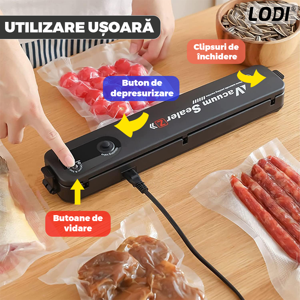 Aparat de Sigilat si Vidat Lodi1203, set 10 role de vidat gofrate 17 cm x 5 m incluse, alimente si obiecte, vidare umeda/uscata/soft, 90W, 220V, portabil, negru
