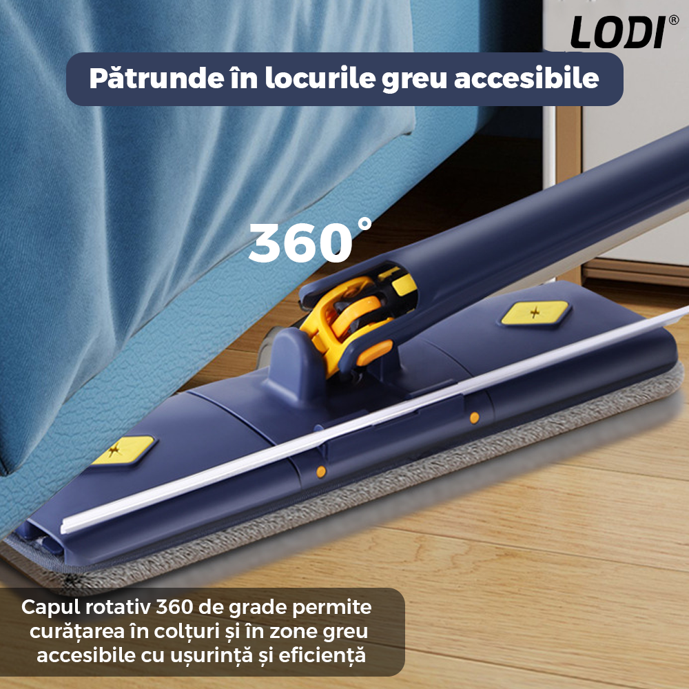 Mop cu Cap Dreptunghiular Lodi1160, rotire 360 grade, telescopic, curatare usoara, 3 lavete incluse, 105 cm, albastru/galben