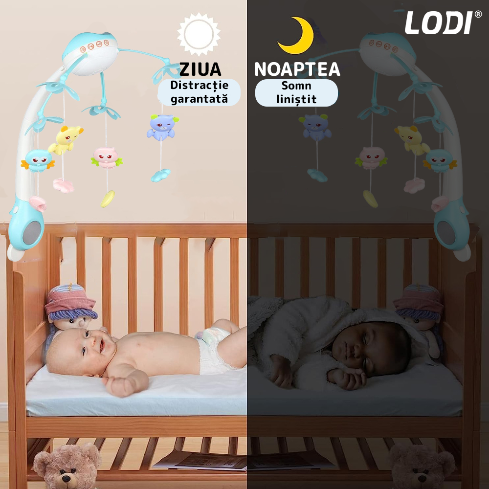 Carusel Muzical pentru Patut Lodi525, Bebe, control prin telecomanda, proiector, muzica si lumini, jucarii detasabile, albastru deschis