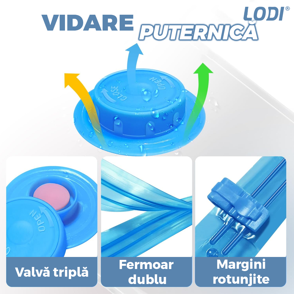 Set 12 Saci de Vidat Lodi1414, pentru imbracaminte, pilote, perne, rezistenti, valva tripla, materiale calitative, protectie waterproof, reutilizabili, vidare prin vacuum, 4 marimi, transparent/albastru