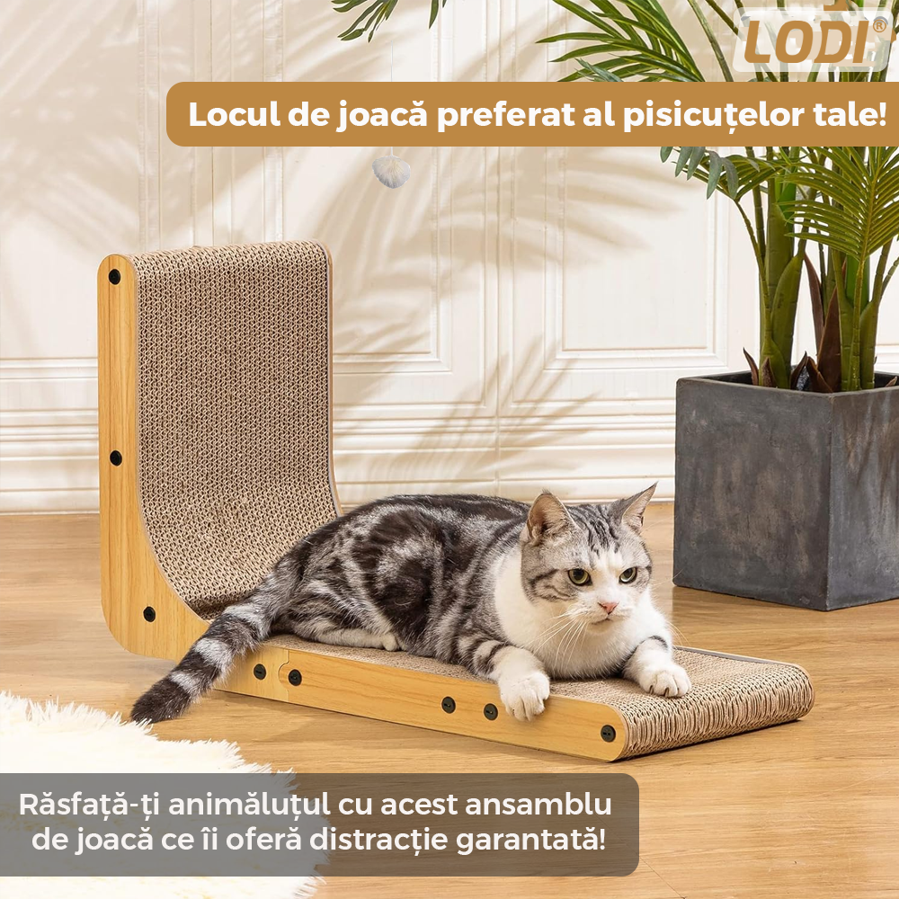 Ansamblu de Joaca pentru Pisici Orizontal si Vertical Lodi1141, model in forma de L, carton pentru zgariat, jucarie interactiva, structura stabila, durabil si non-toxic, 65 cm, maro
