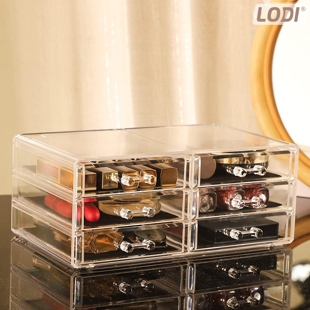Organizator Cutie Depozitare pentru Produse Cosmetice Lodi473, bijuterii si alte obiecte, 6 sertare, piese detasabile, transparent, 24 x 19 cm