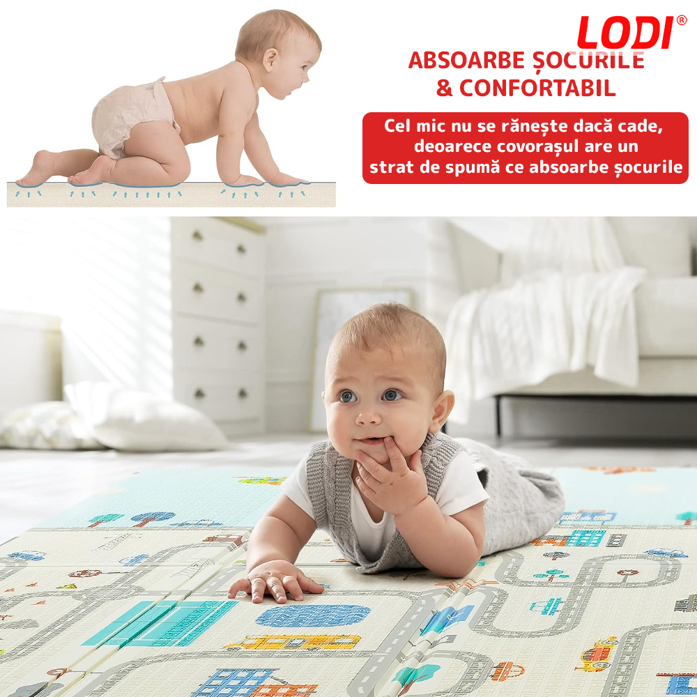 Covoras de Joaca pentru Copii Lodi488, 2 fete, termic, anti-derapant, pliabil, protectie impotriva loviturilor, oras si Londra, 200x180cm, grosime 1 cm, multicolor