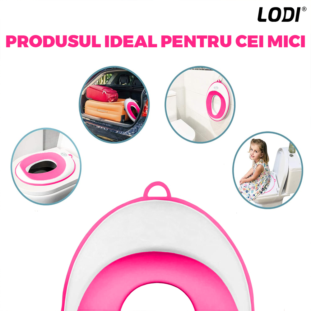 Reductor WC Copii Lodi649, suprafata antiderapanta, confortabil, protectie impotriva stropilor, compatibilitate universala, inel de prindere, portabil, alb/roz