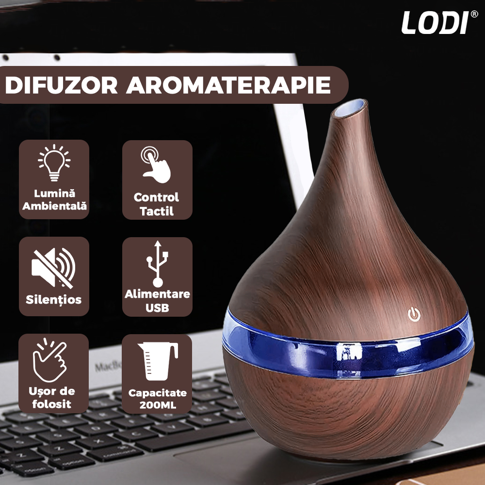 Difuzor Aromaterapie Lodi1463, forma conica, lumini ambientale, control tactil, capacitate 200ml, silentios, rezerva inclusa, alimentare USB, umidifica aerul, stejar inchis