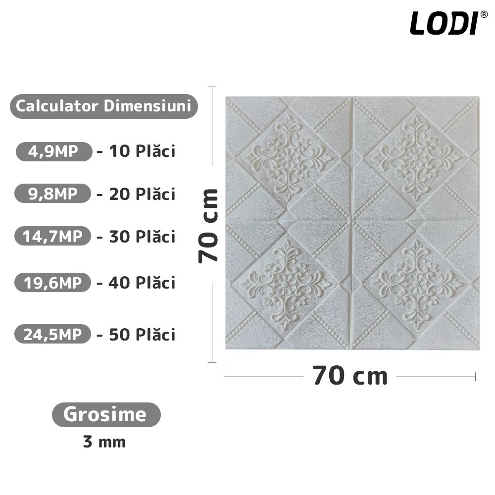 Set Tapet 3D Lodi116, suprafata acoperire 4.9 mp, autoadeziv, perete/tavan, model floral, waterproof, usor de montat, design modern, 70x70 cm, gri