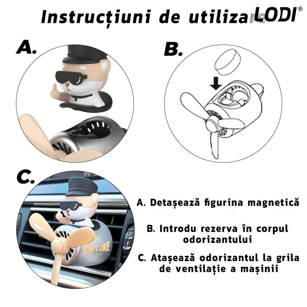 Difuzor Auto Aromaterapie Lodi338 car pilot bear cu palariuta, kit odorizant, 2 arome cu extracte naturale incluse