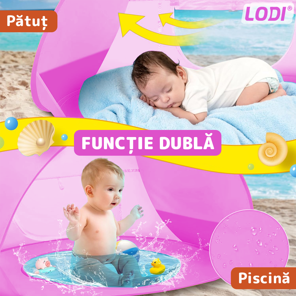 Cort Portabil de Vara pentru Bebelusi Lodi1098, adapost impermeabil pentru plaja, cu piscina, protectie UV si UPF 50+, multifunctional, 117x79x70 cm, roz
