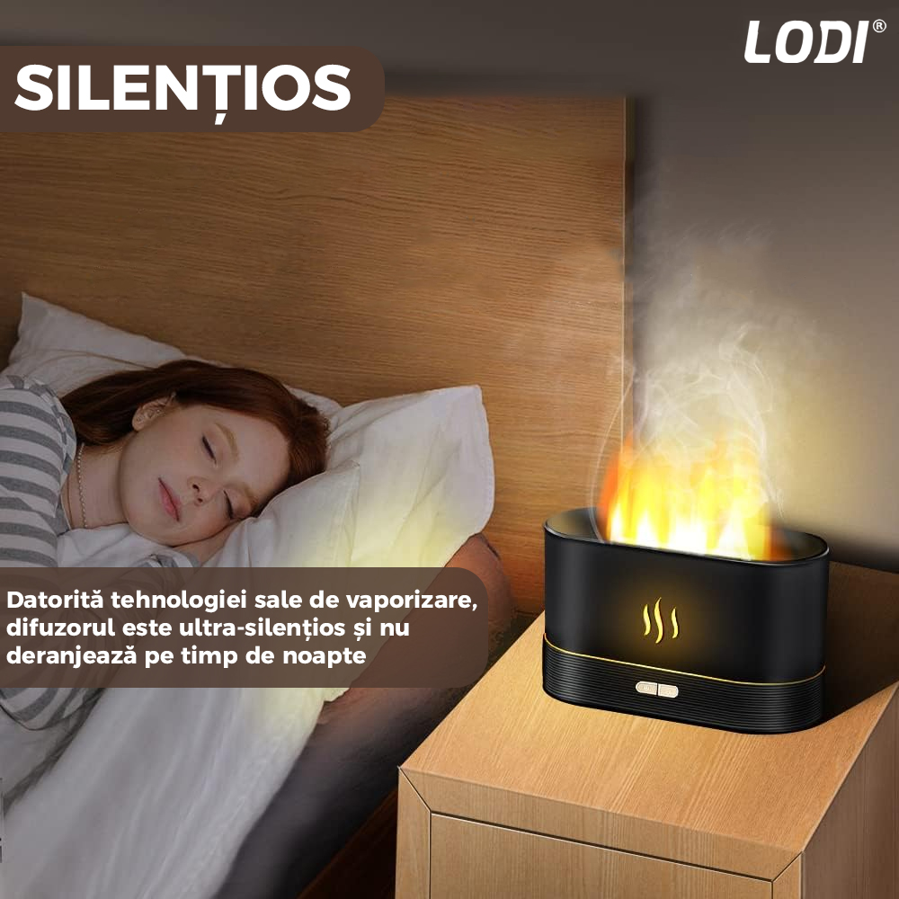 Difuzor Aromaterapie Lodi218, Efect Flacara, 2 trepte de luminozitate, oprire automata, capacitate 180ml, silentios, umidifica aerul, negru