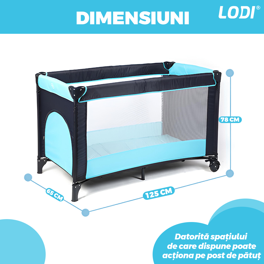 Patut Turistic Pliabil pentru Copii Lodi982, usa cu fermoar exterior, plasa de protectie tantari, materiale calitative, usor de montat, geanta de depozitare, dimensiuni 125x78x65, albastru