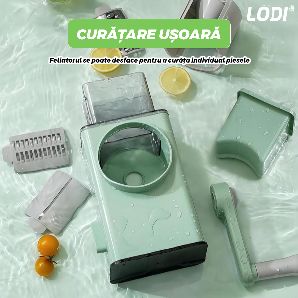 Feliator Manual Lodi1454, pentru fructe/legume/branzeturi moi, 6 lame interschimbabile, usor de utilizat, baza antialunecare cu buton de vacuum, piese detasabile, verde