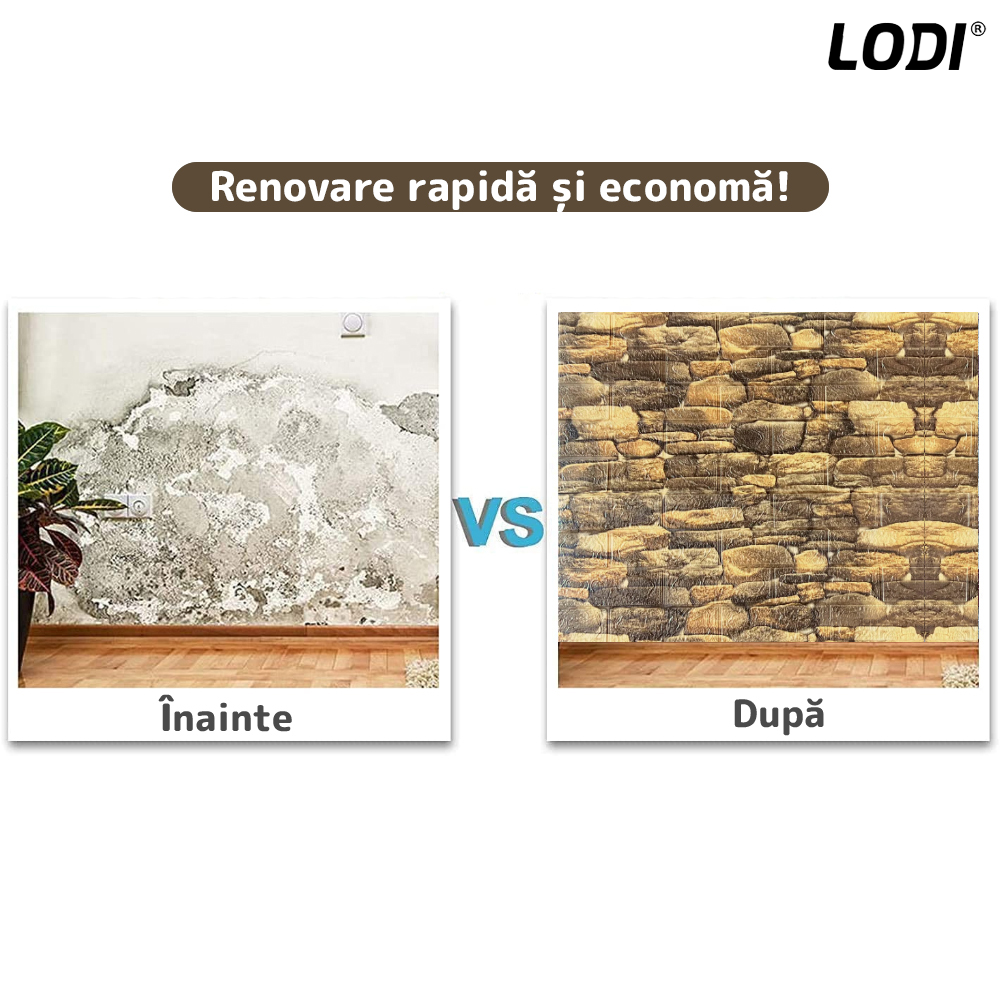 Set Tapet Caramida 3D Lodi245, Model Piatra Rotunda, suprafata acoperire 5.3 mp, autoadeziv, waterproof, usor de montat, design modern, 70x77 cm, maro