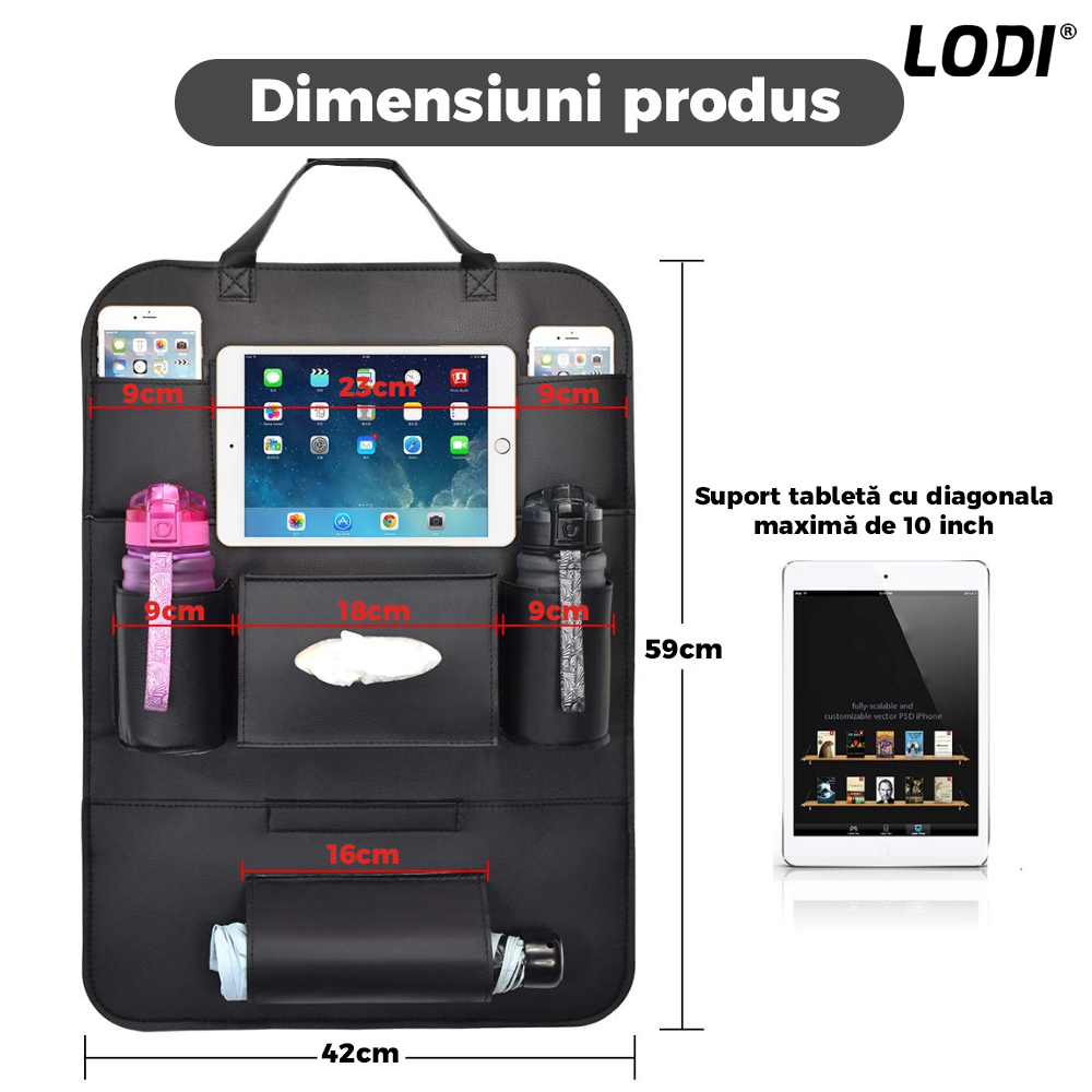 Organizator pentru Scaun Auto Lodi136, 9 Compartimente, multifunctional, universal, suport tableta si telefon, suport servetele, negru
