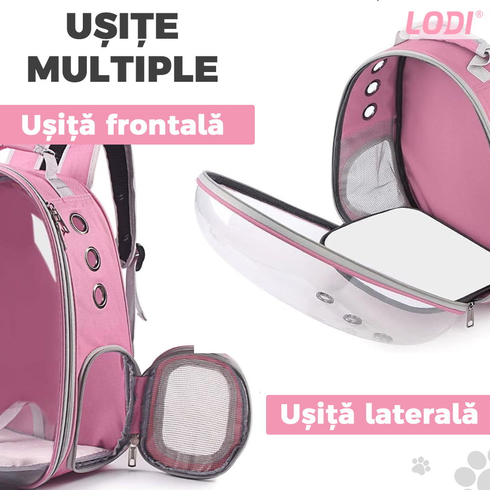 Rucsac Transport Animale Lodi373, greutate Max 7kg, hublou panoramic transparent, buzunar lateral, 2 iesiri, pentru talie mica, roz