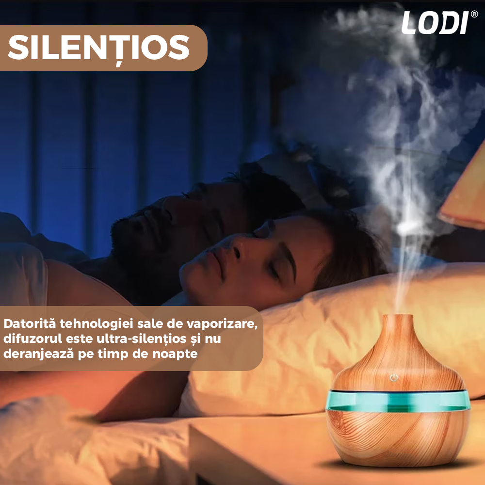 Difuzor Aromaterapie Lodi209, 7 culori LED, lumini dinamice, control tactil, capacitate 200ml, silentios, rezerva inclusa, umidifica aerul, stejar deschis