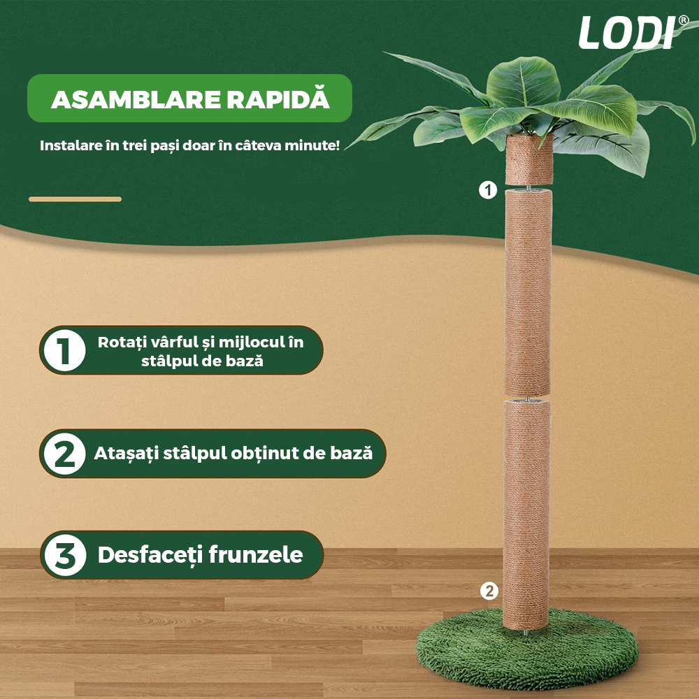 Ansamblu de Joaca pentru Pisici in Forma de Palmier Lodi1142, tip turn, 1 nivel, franghie si mingiute de joaca, stalpi pentru zgariat, captuseala extra moale, structura stabila, 85 cm, verde