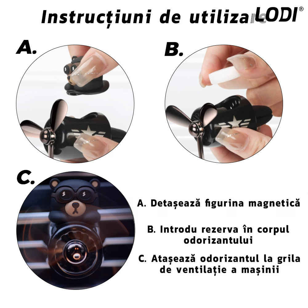 Difuzor Auto Aromaterapie Lodi337 car pilot bear, kit odorizant, 2 arome cu extracte naturale incluse